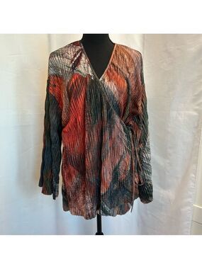 Zara multicolored abstract print pleated kimono sleeve wrap blouse top M NWOT